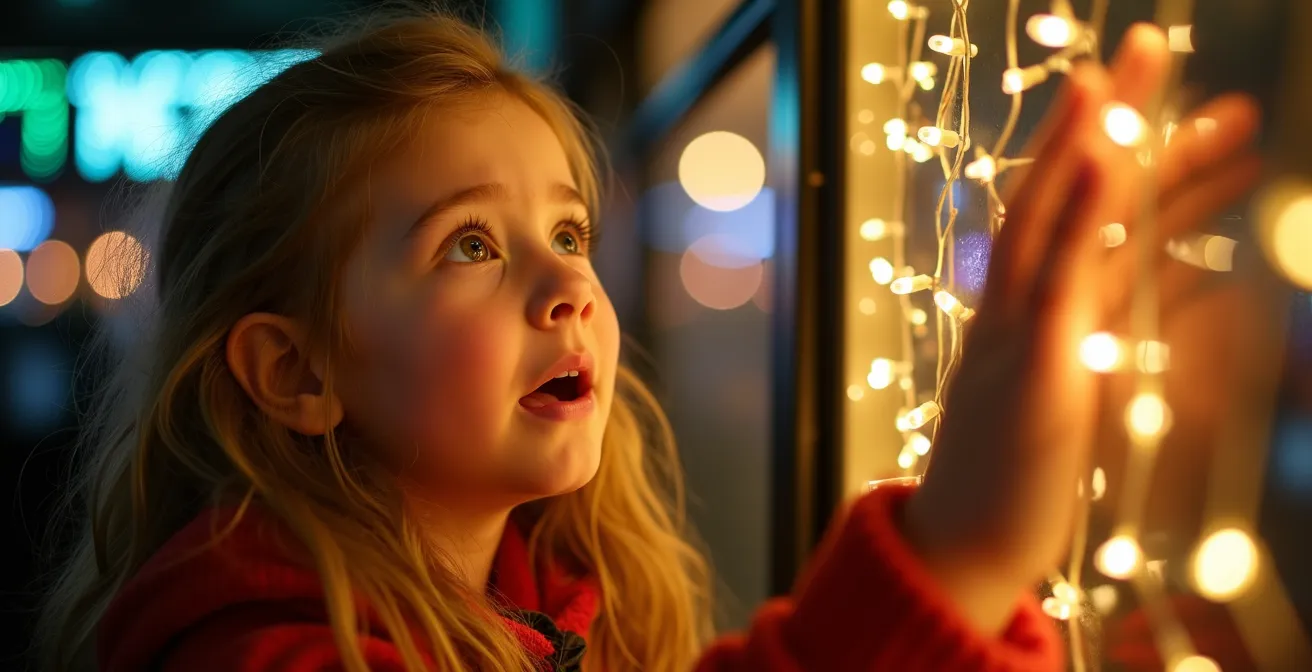 Enfant émerveillé regardant les illuminations à travers la fenêtre du bus