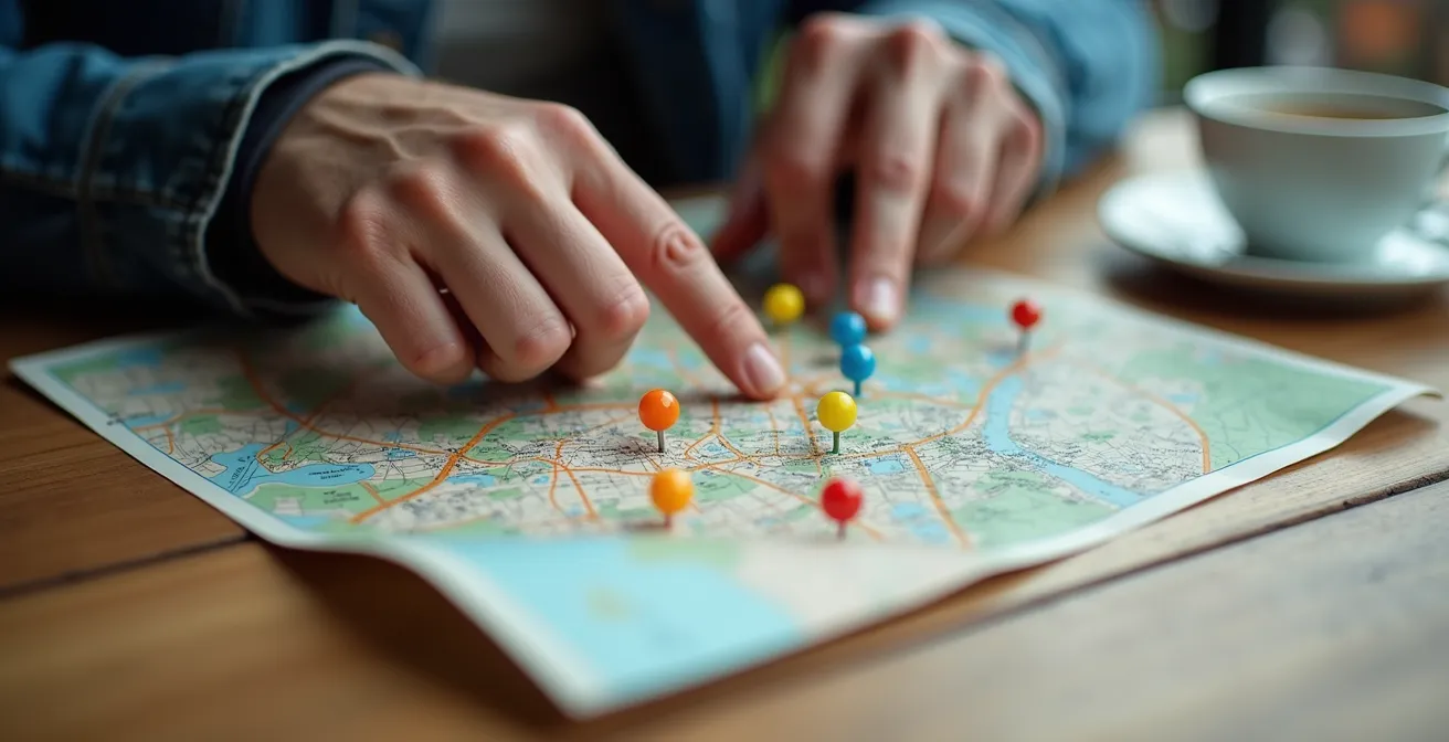 Mains d'un touriste annotant une carte interactive avec des épingles colorées