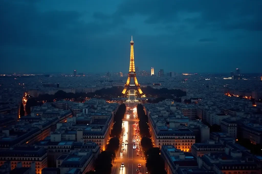 Vue panoramique de Paris illuminé depuis le pont supérieur d'un bus