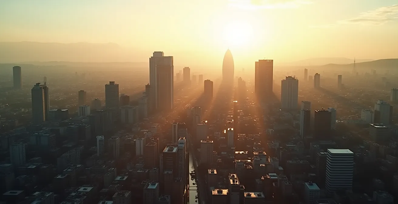 Vue aérienne montrant les connexions entre quartiers urbains avec différentes densités architecturales