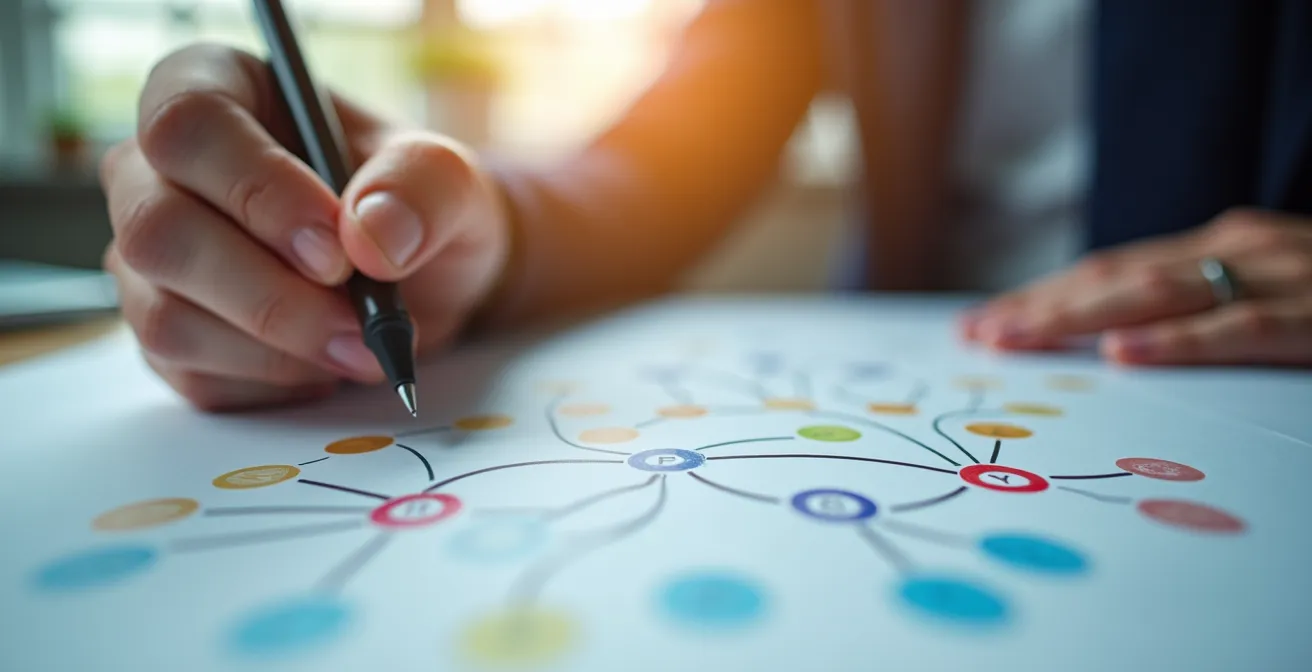 Main traçant des connexions sur une carte mentale collaborative