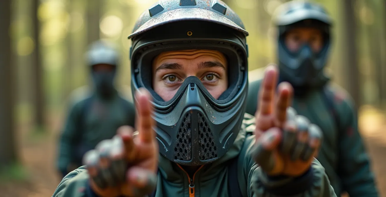 Portrait d'un joueur de paintball exprimant la joie après une victoire