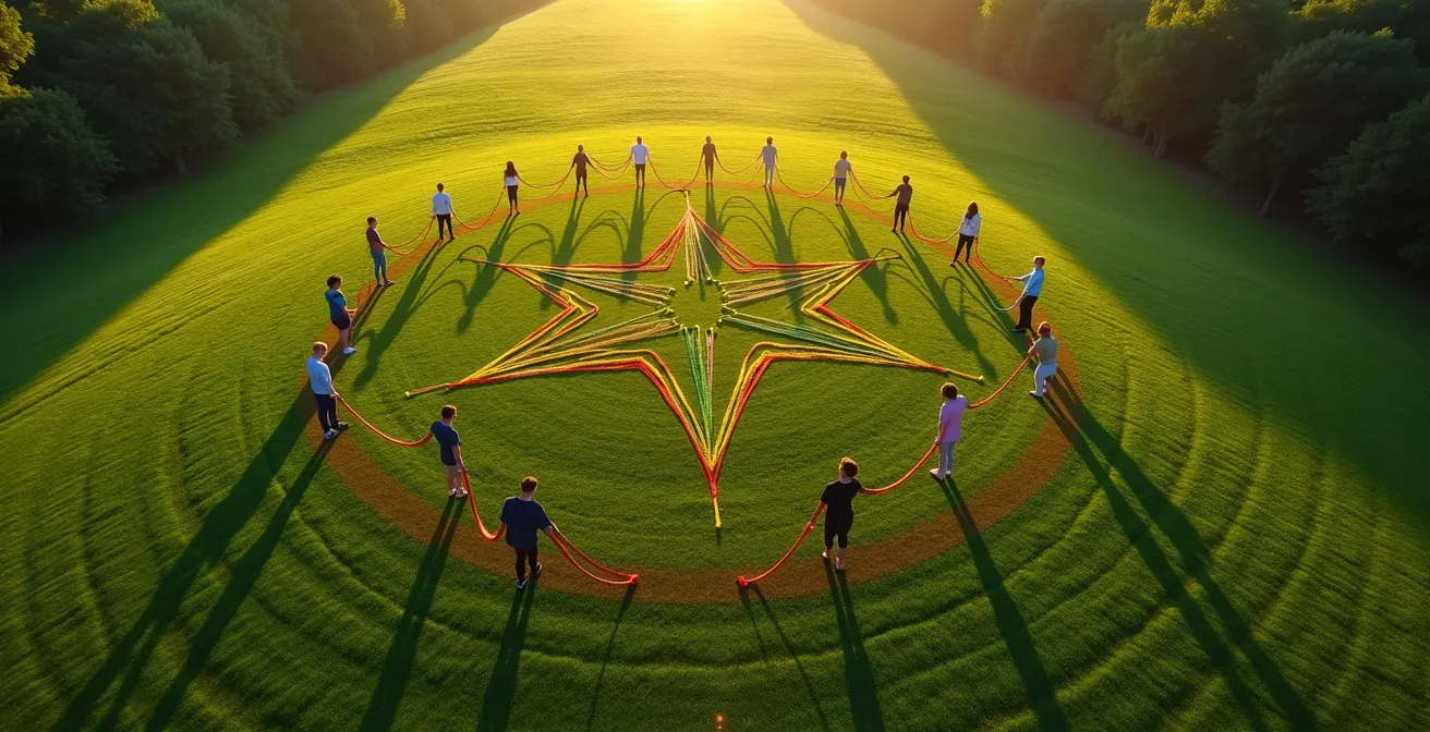 Vue aérienne d'une équipe formant un cercle dans la nature