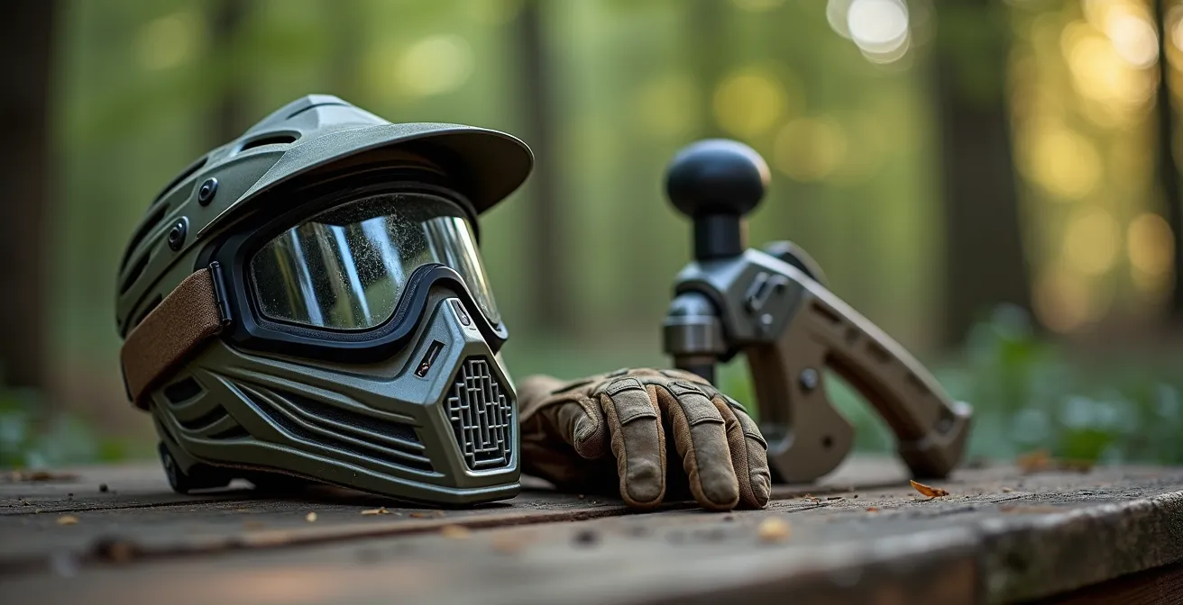 Gros plan sur l'équipement de paintball préparé sur une table