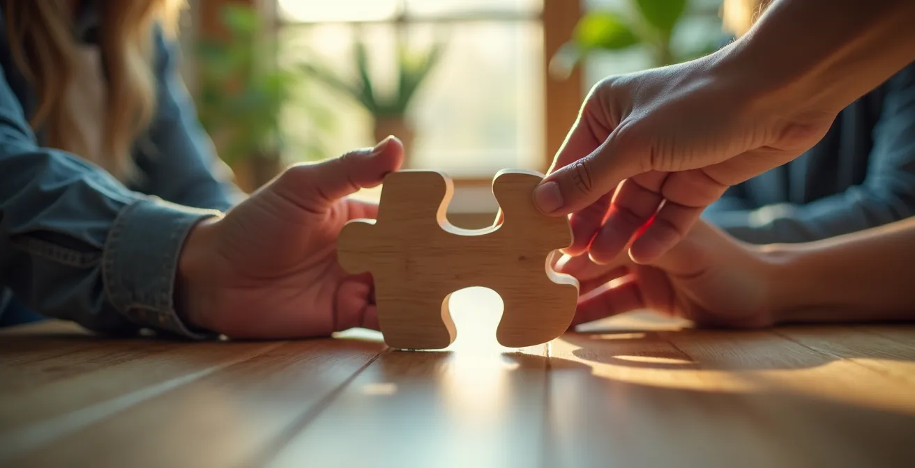Mains d'équipe assemblant un puzzle en bois naturel