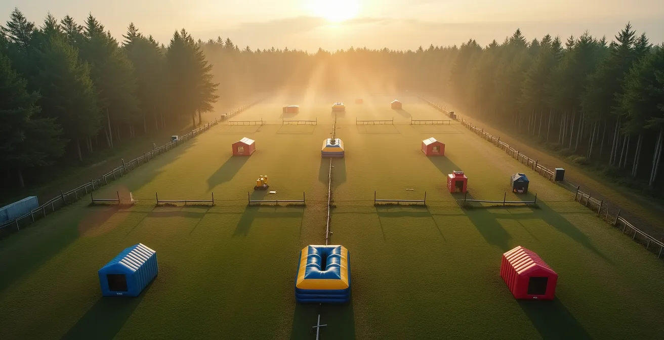 Vue aérienne d'un terrain de paintball avec obstacles et structures de jeu