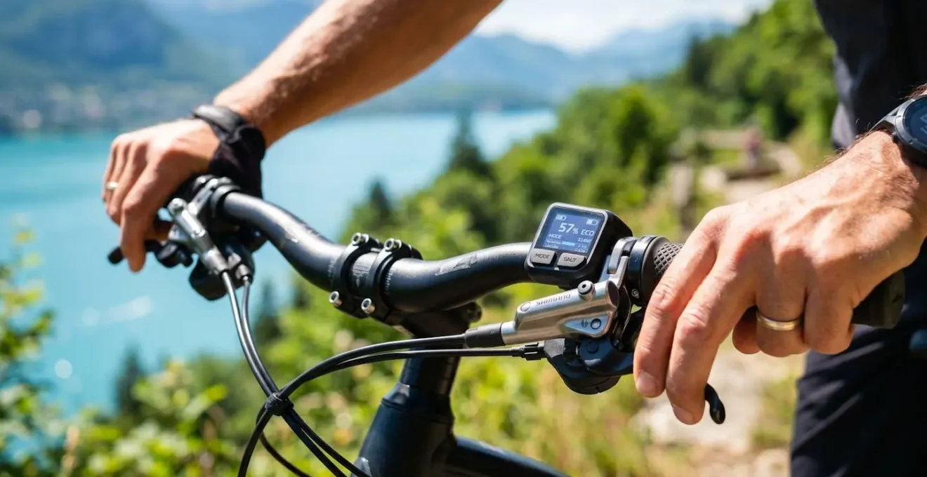 Gros plan sur des mains tenant fermement le guidon chromé d'un vélo électrique, avec le lac d'Annecy et la végétation environnante artistiquement floutés en arrière-plan