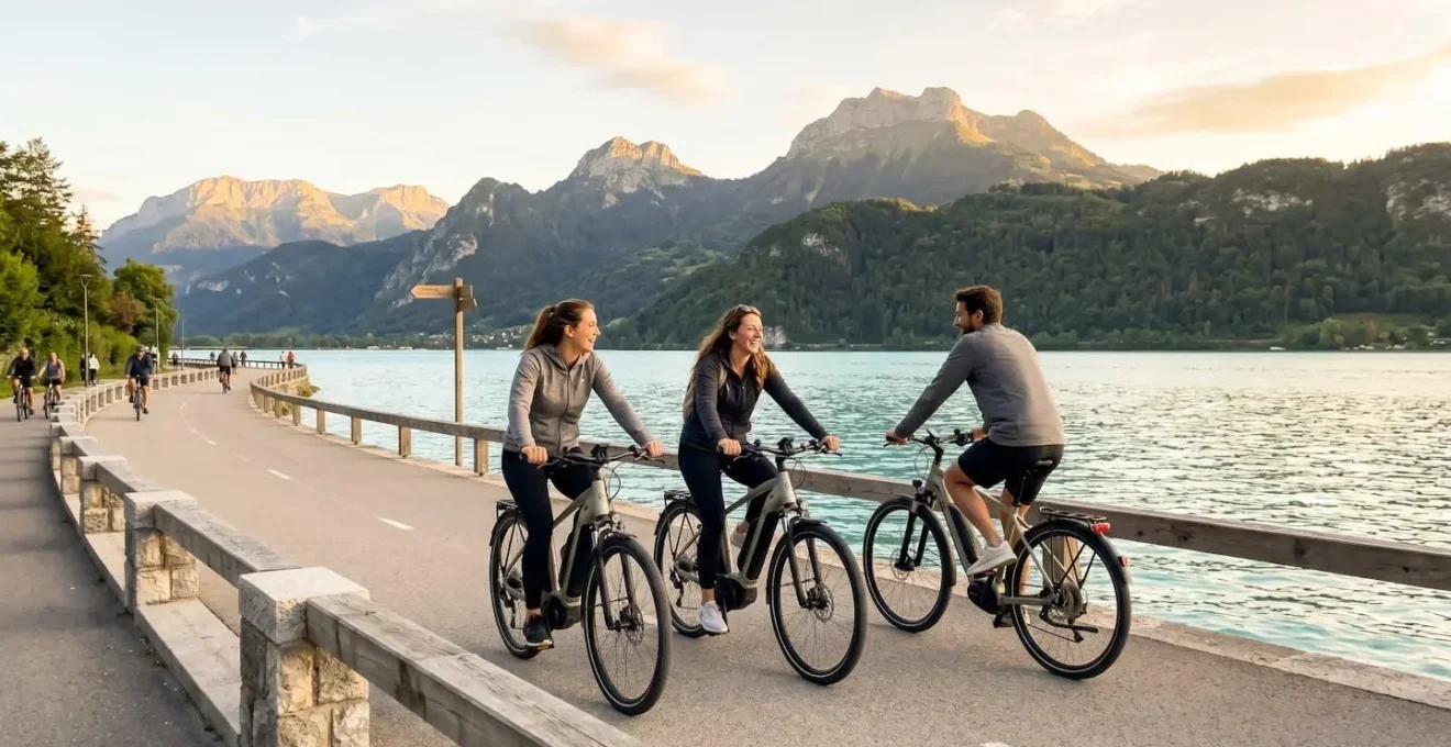 Petit groupe de quatre personnes roulant à vélo électrique côte à côte sur la piste cyclable longeant le lac d'Annecy, vus de dos dans une conversation naturelle sous une lumière dorée de fin de journée