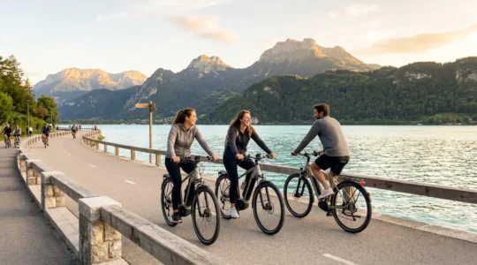 Petit groupe de quatre personnes roulant à vélo électrique côte à côte sur la piste cyclable longeant le lac d'Annecy, vus de dos dans une conversation naturelle sous une lumière dorée de fin de journée