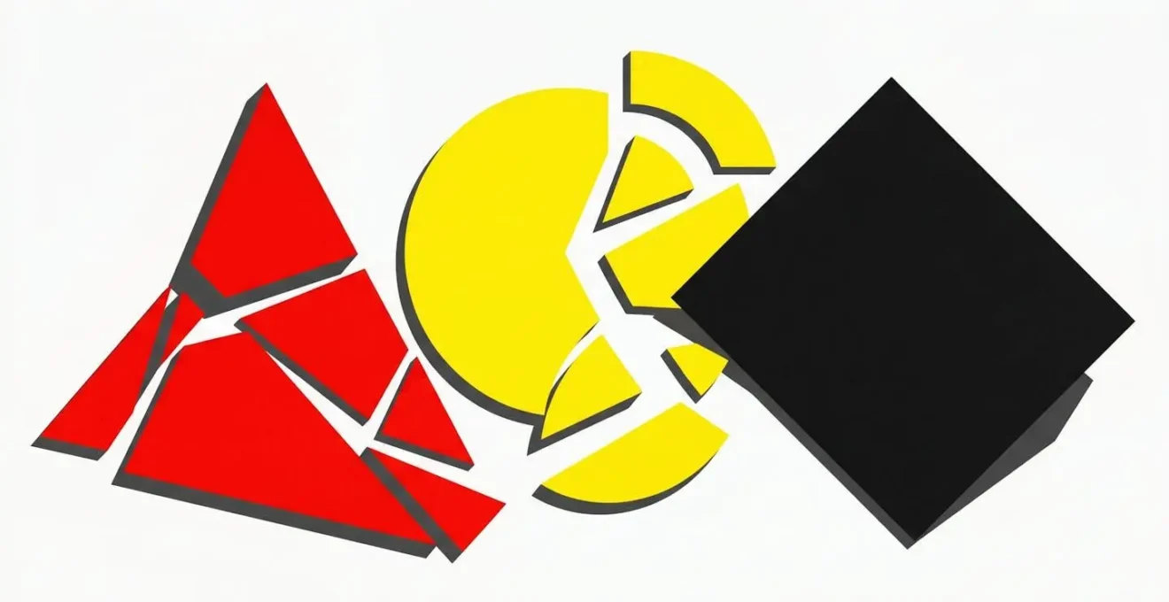 Composition abstraite Bauhaus montrant trois formes géométriques en déséquilibre : triangle effondré, cercle fragmenté et carré basculé