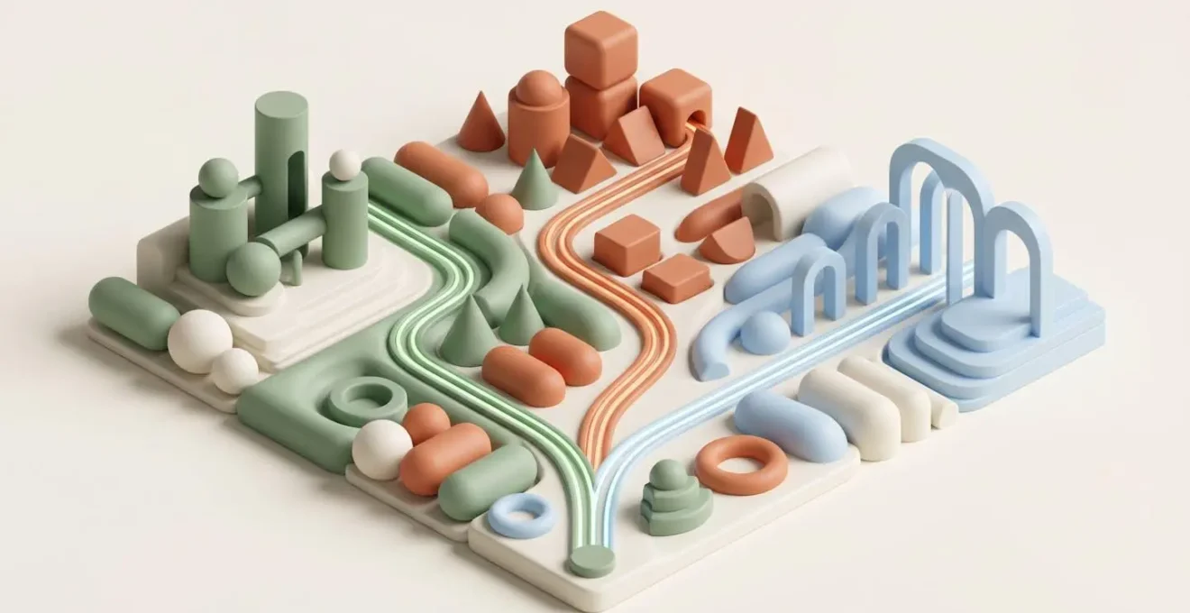 Illustration isométrique de trois chemins colorés divergents menant vers des destinations architecturales distinctes
