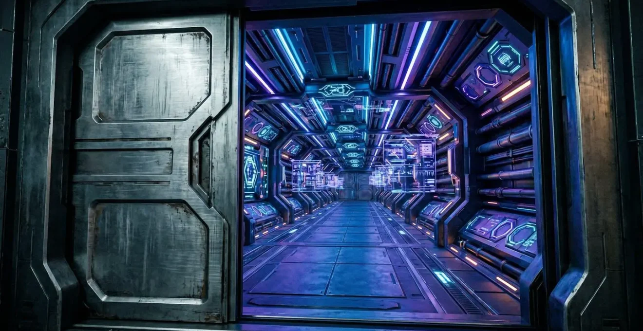 Porte futuriste en métal s'ouvrant sur un corridor immersif illuminé de néons bleus et violets avec interfaces holographiques