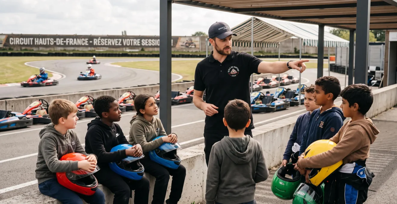 Animateur karting expliquant les consignes de sécurité à un groupe d'enfants attentifs tenant leurs casques, piste visible en arrière-plan sous pergola