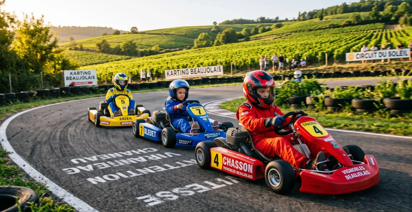 Groupe de quatre enfants d'âges variés pilotant des karts colorés sur une piste extérieure en asphalte, environnement verdoyant du Beaujolais en arrière-plan, lumière chaude de fin d'après-midi