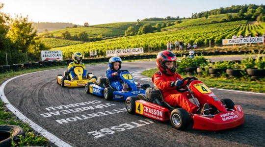 Groupe de quatre enfants d'âges variés pilotant des karts colorés sur une piste extérieure en asphalte, environnement verdoyant du Beaujolais en arrière-plan, lumière chaude de fin d'après-midi