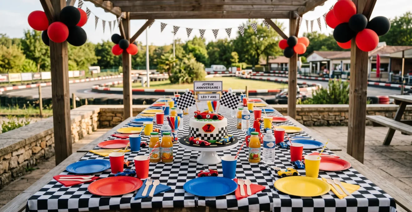 Table de goûter d'anniversaire dressée sous pergola avec nappe à damiers, gâteau thème course automobile, assiettes colorées et ballons, piste de karting en arrière-plan