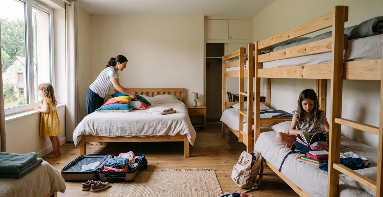 Chambre familiale spacieuse d'un gîte avec lits superposés et lit double, famille s'installant à l'arrivée