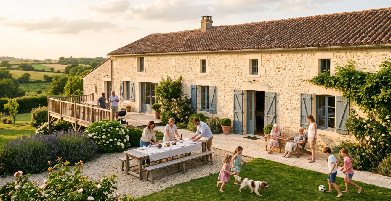 Gîte rural en pierre de Vendée avec groupe multigénérationnel profitant des espaces extérieurs communs et du grand jardin