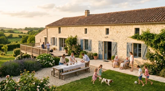 Gîte rural en pierre de Vendée avec groupe multigénérationnel profitant des espaces extérieurs communs et du grand jardin