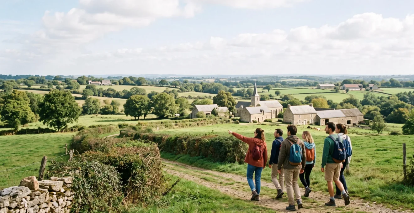 Groupe en promenade dans la campagne vendéenne avec bocage, haies et paysage rural typique de la région