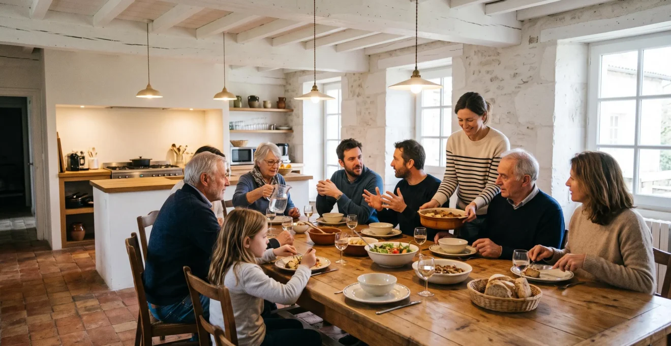 Groupe réuni autour de la grande table commune dans la salle à manger d'un gîte pendant un repas partagé